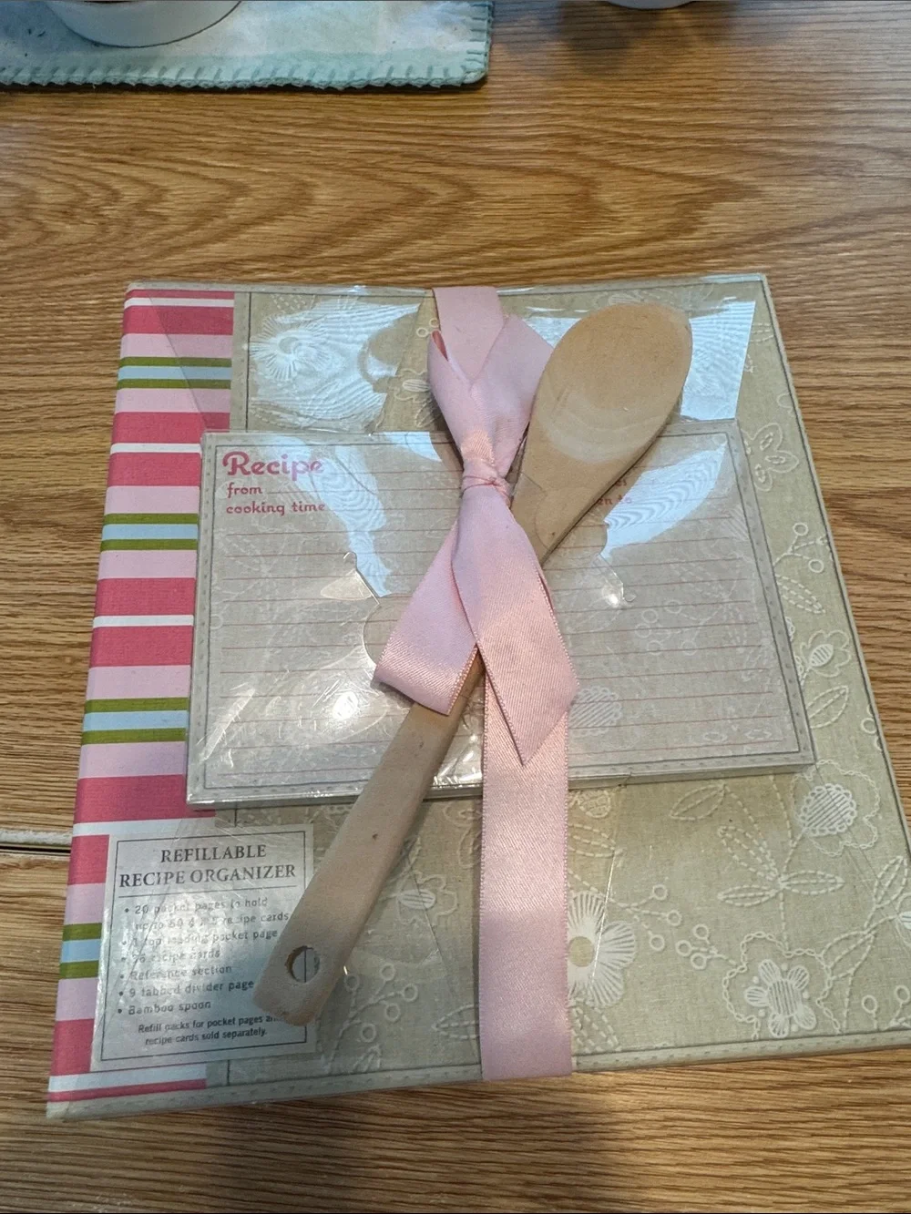 Refillable Recipe Organizer Bundle with Pink Ribbon and Wooden Spoon
